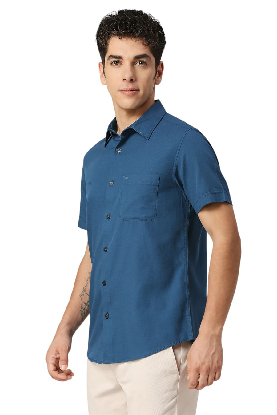 BASICS SLIM FIT SAPPHIRE BLUE COTTON BROKEN TWILL HALFSLEEVES SHIRT