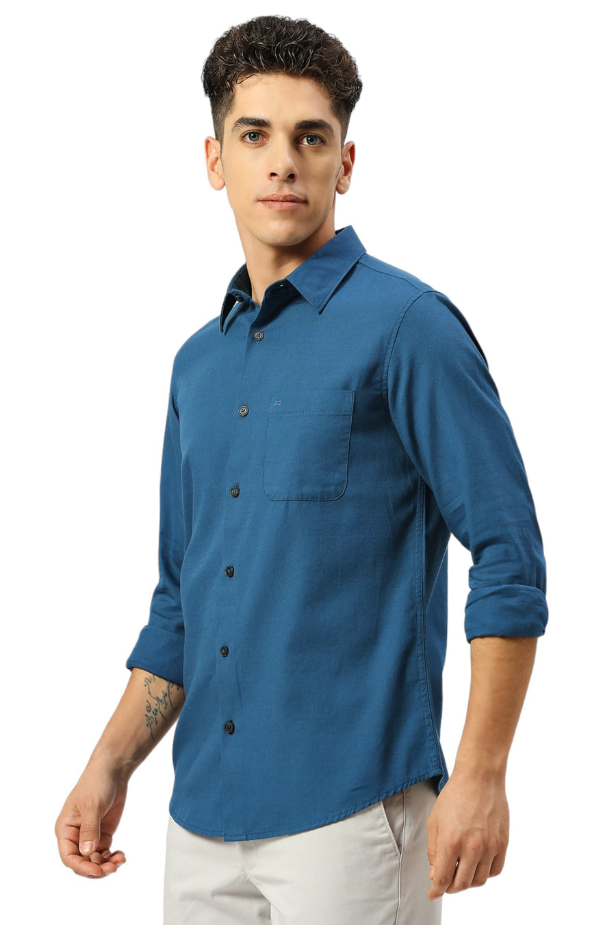BASICS SLIM FIT SAPPHIRE BLUE COTTON BROKEN TWILL SHIRT