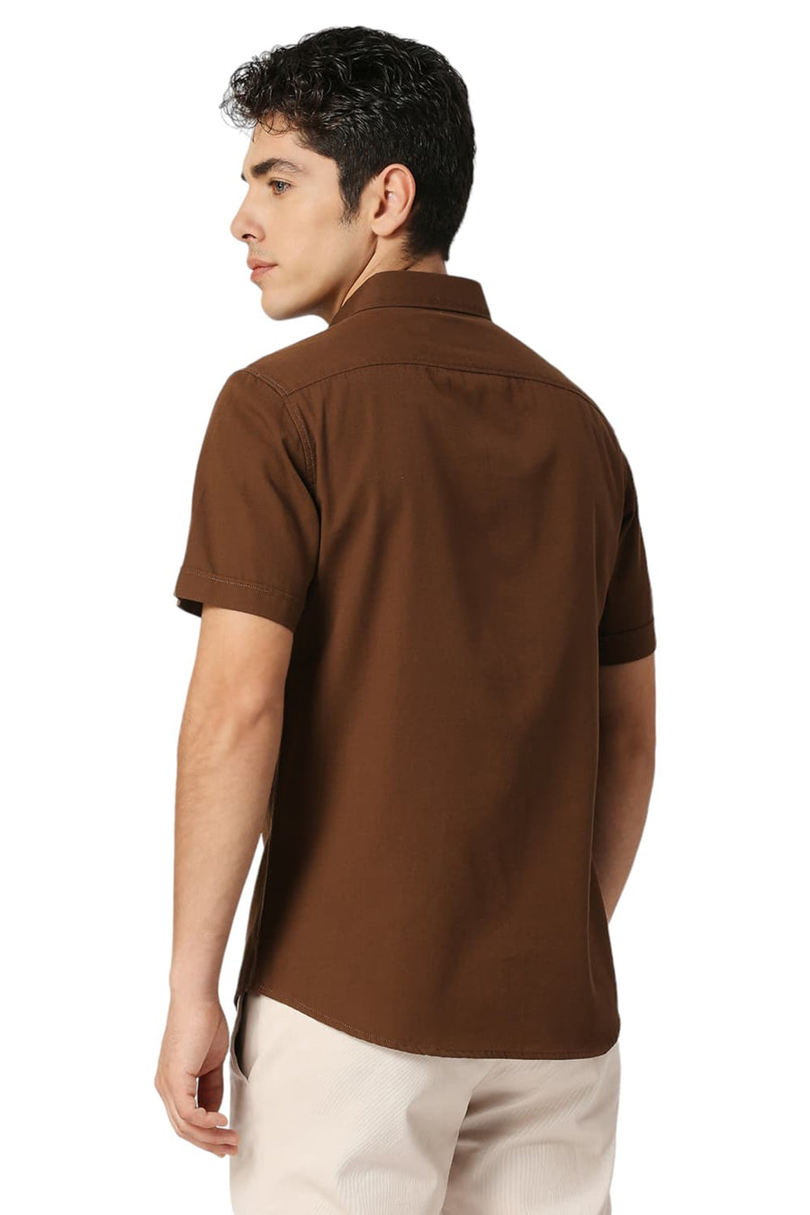 BASICS SLIM FIT EARTH KHAKI COTTON BROKEN TWILL HALFSLEEVES SHIRT