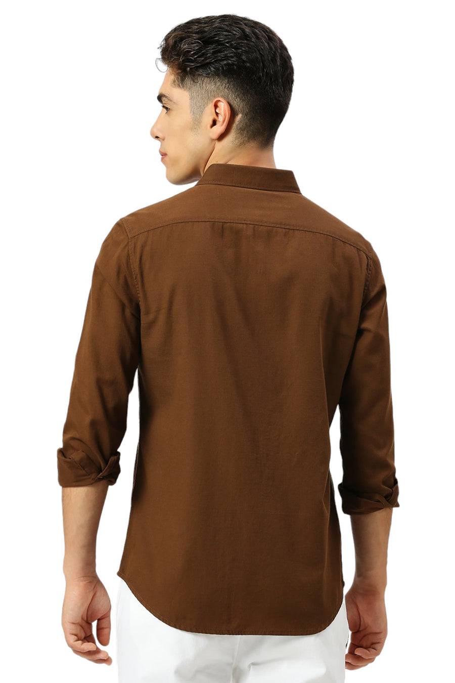 BASICS SLIM FIT EARTH KHAKI COTTON BROKEN TWILL SHIRT