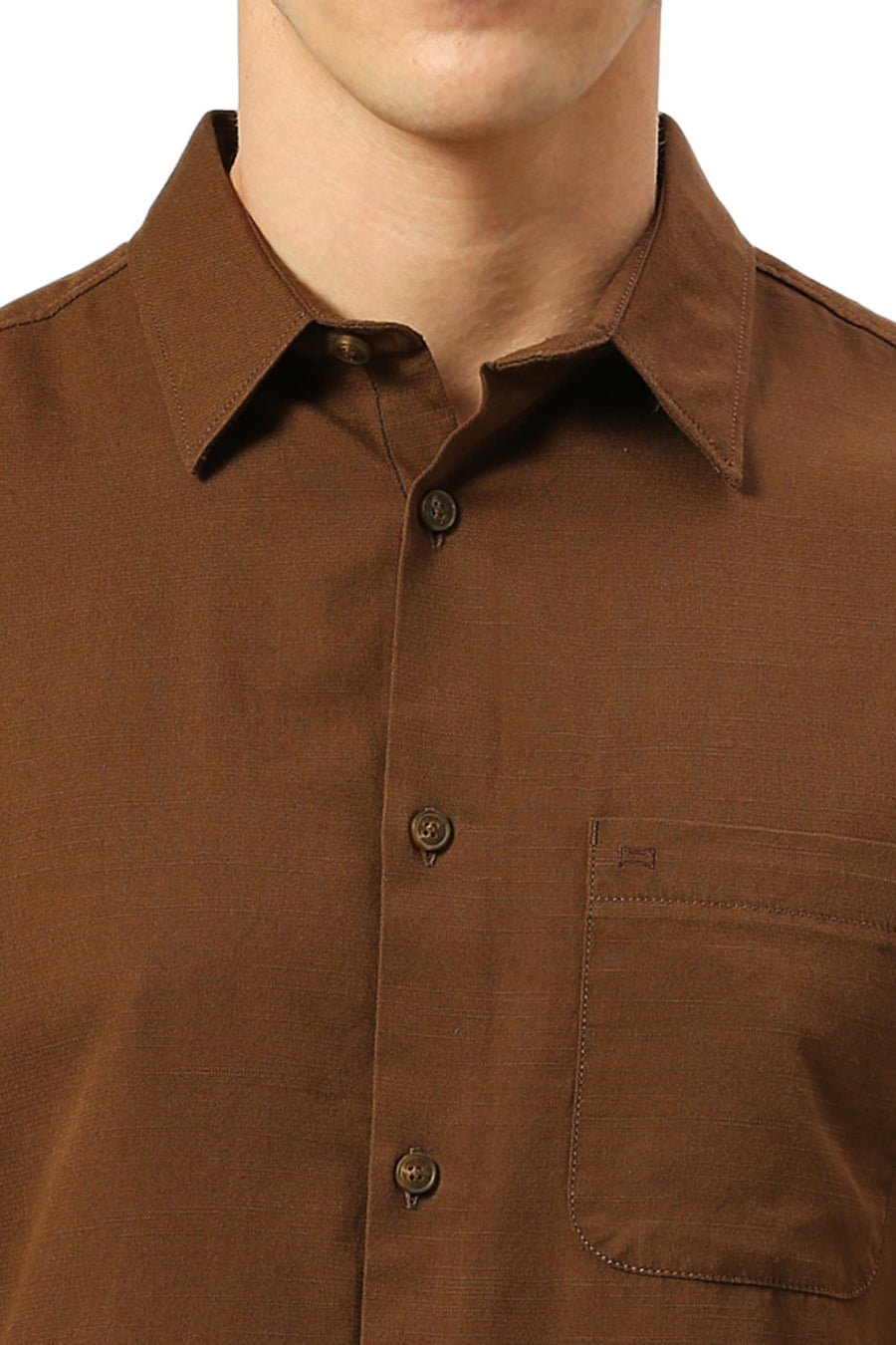 BASICS SLIM FIT EARTH KHAKI COTTON BROKEN TWILL SHIRT