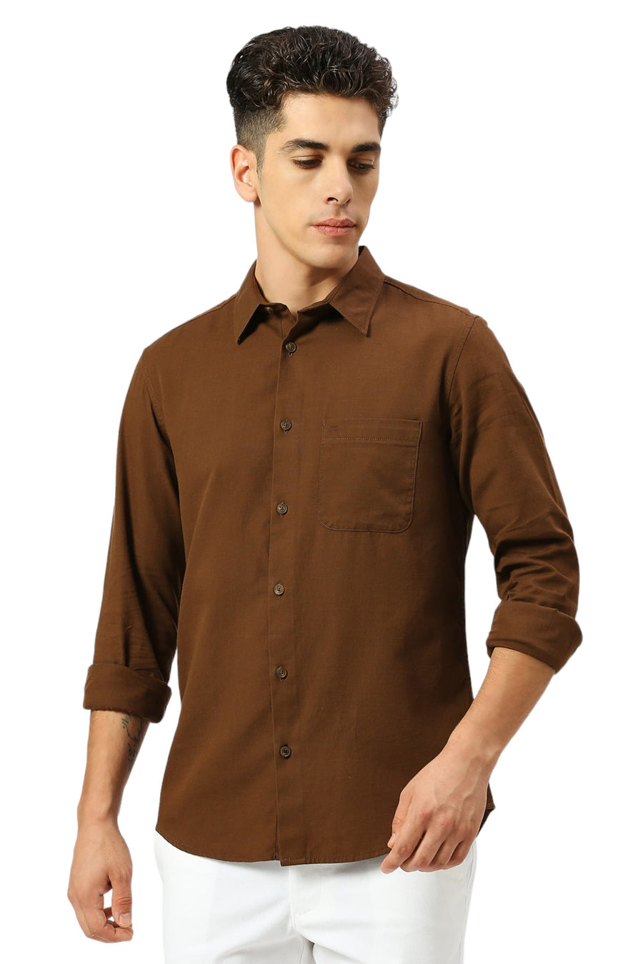 BASICS SLIM FIT EARTH KHAKI COTTON BROKEN TWILL SHIRT