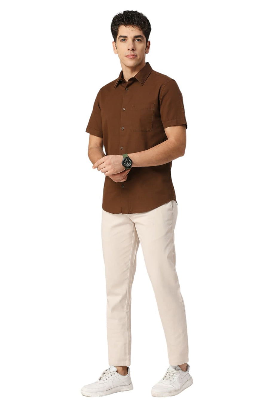BASICS SLIM FIT EARTH KHAKI COTTON BROKEN TWILL HALFSLEEVES SHIRT