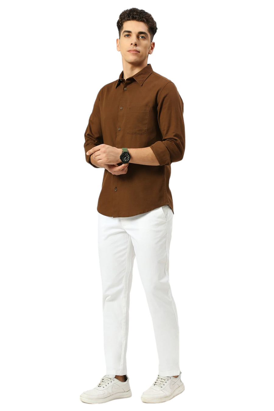 BASICS SLIM FIT EARTH KHAKI COTTON BROKEN TWILL SHIRT