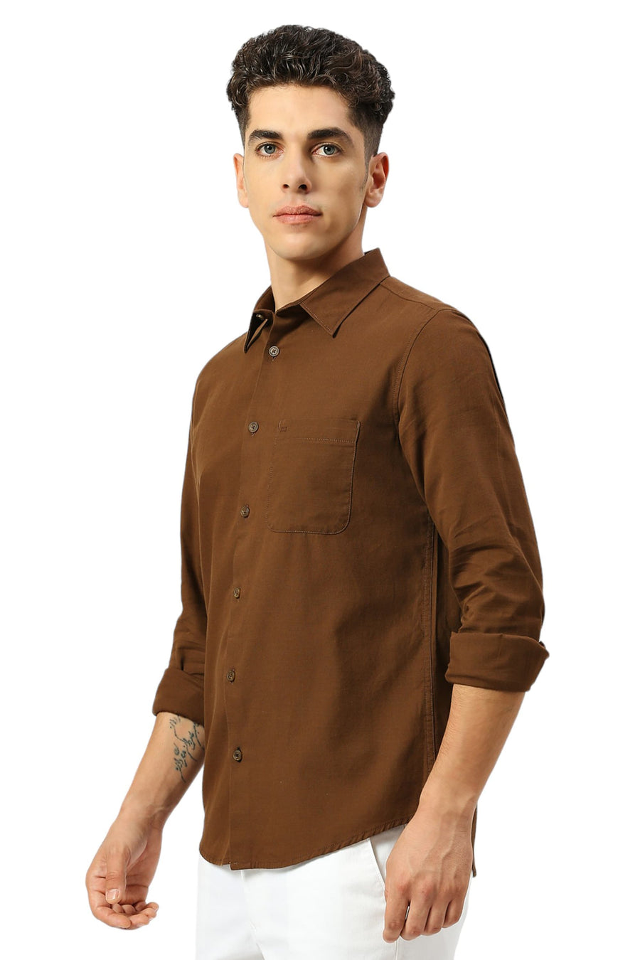 BASICS SLIM FIT EARTH KHAKI COTTON BROKEN TWILL SHIRT