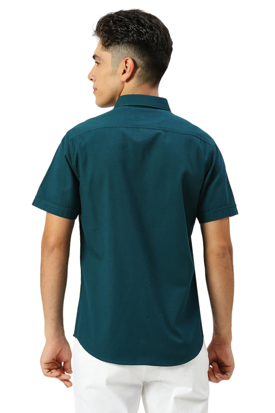 BASICS SLIM FIT TEAL BAY COTTON BROKEN TWILL HALFSLEEVES SHIRT