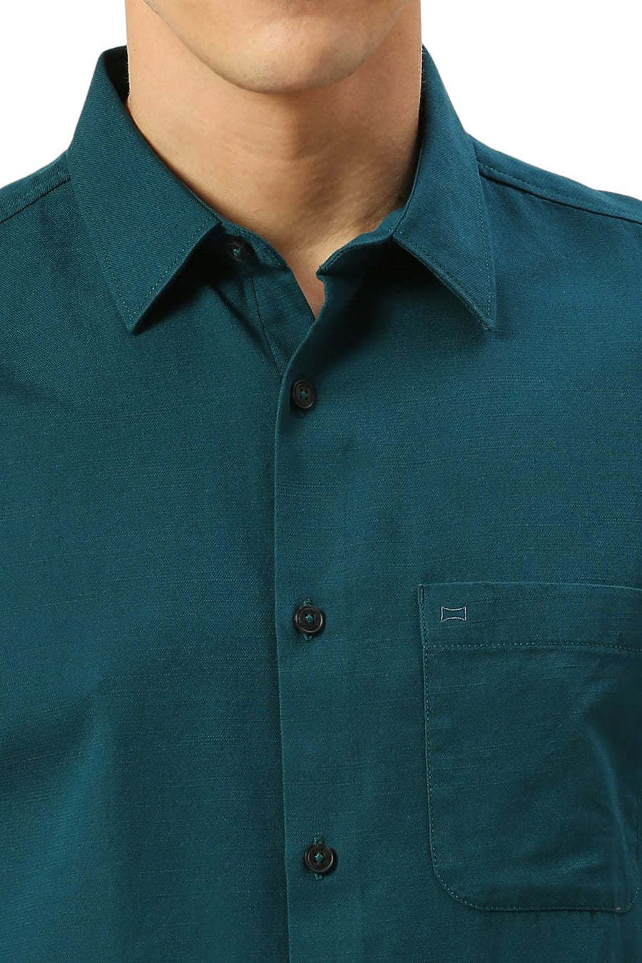 BASICS SLIM FIT TEAL BAY COTTON BROKEN TWILL HALFSLEEVES SHIRT