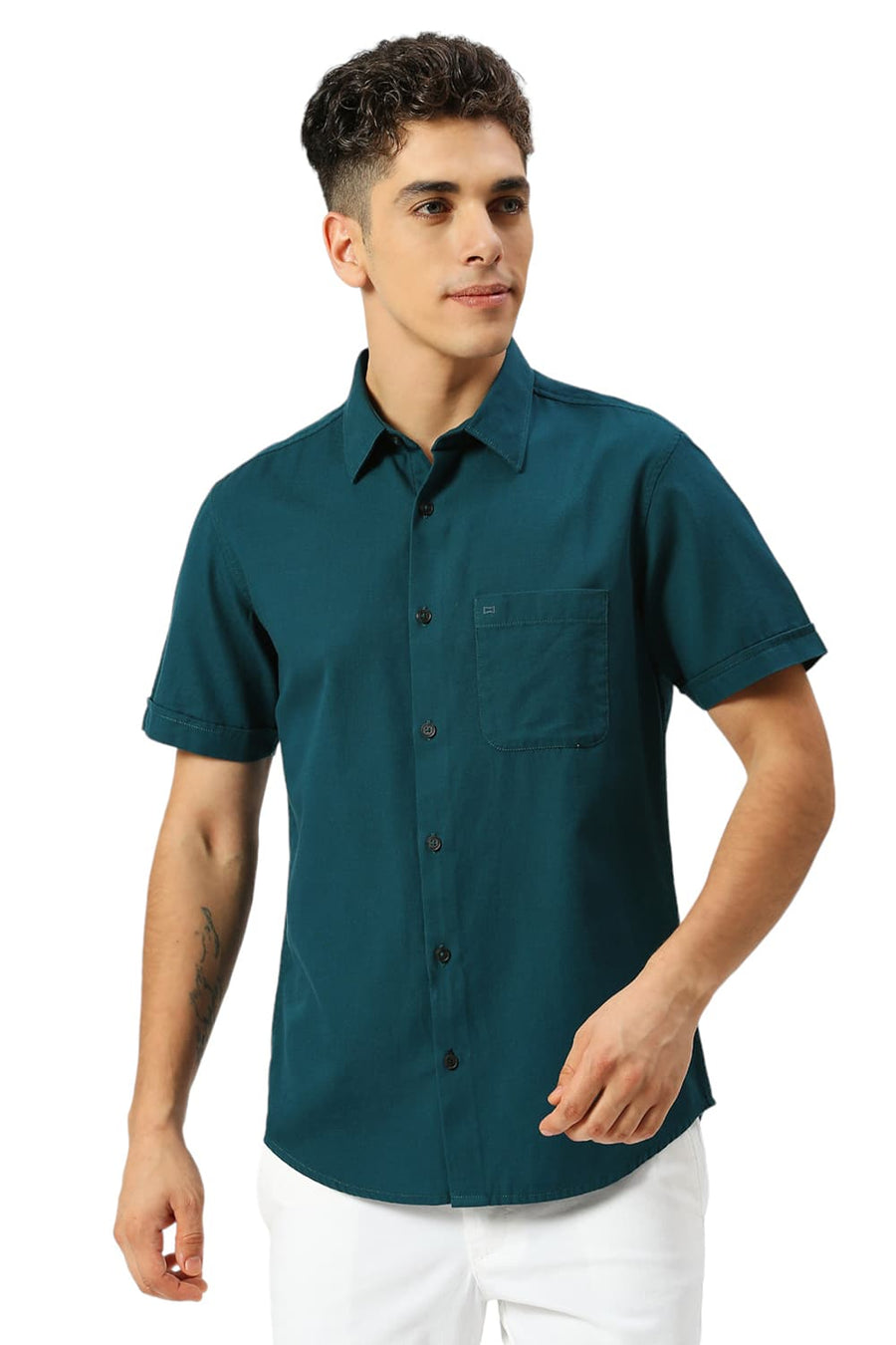 BASICS SLIM FIT TEAL BAY COTTON BROKEN TWILL HALFSLEEVES SHIRT