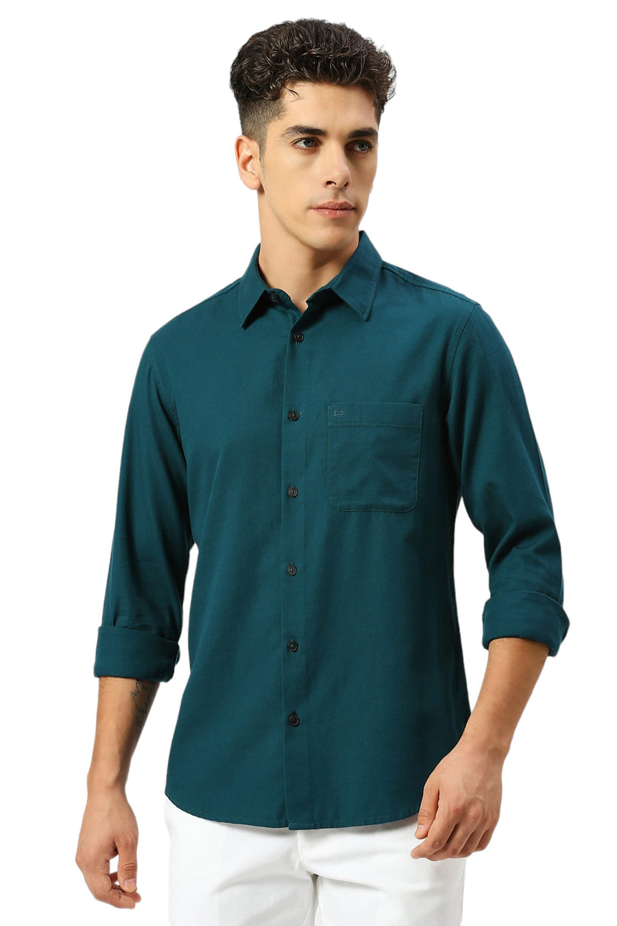 BASICS SLIM FIT TEAL BAY COTTON BROKEN TWILL SHIRT