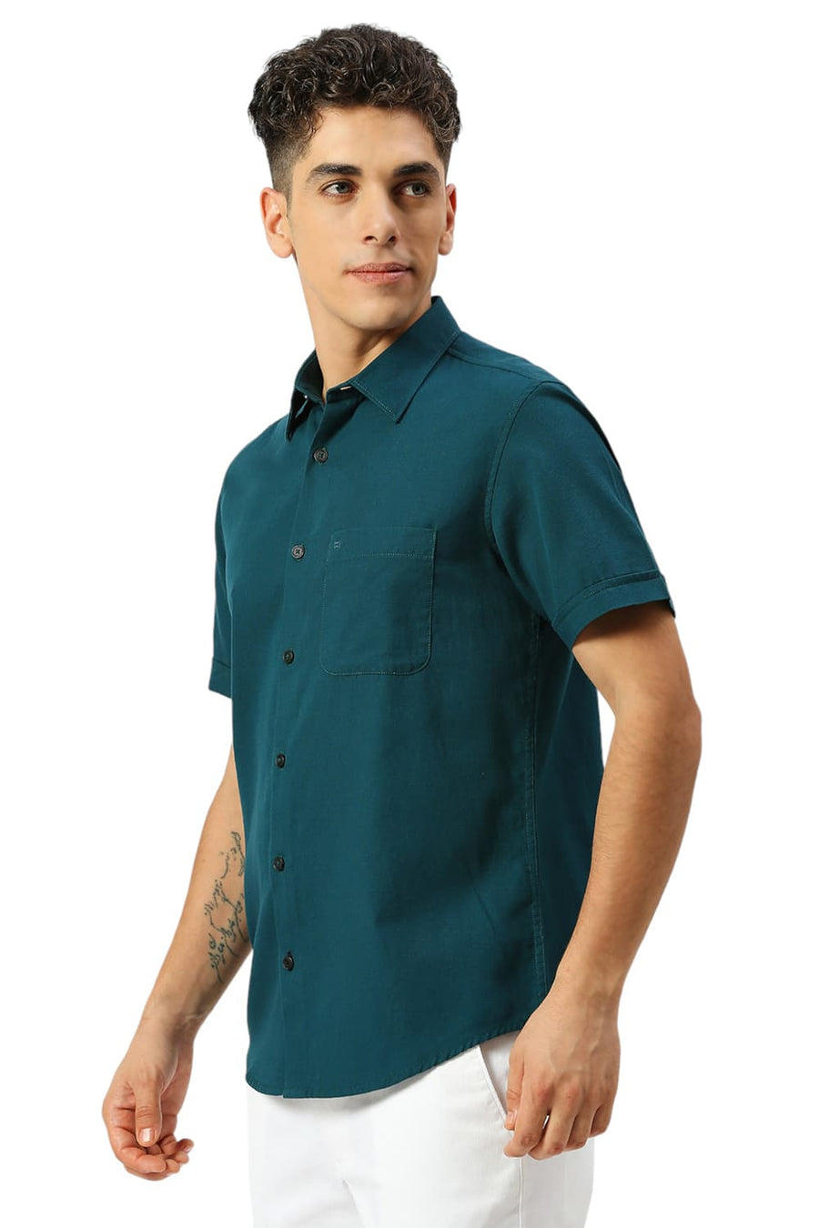 BASICS SLIM FIT TEAL BAY COTTON BROKEN TWILL HALFSLEEVES SHIRT