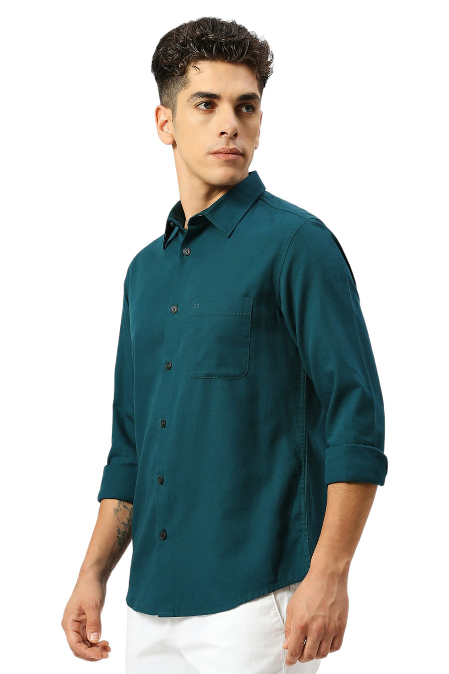 BASICS SLIM FIT TEAL BAY COTTON BROKEN TWILL SHIRT