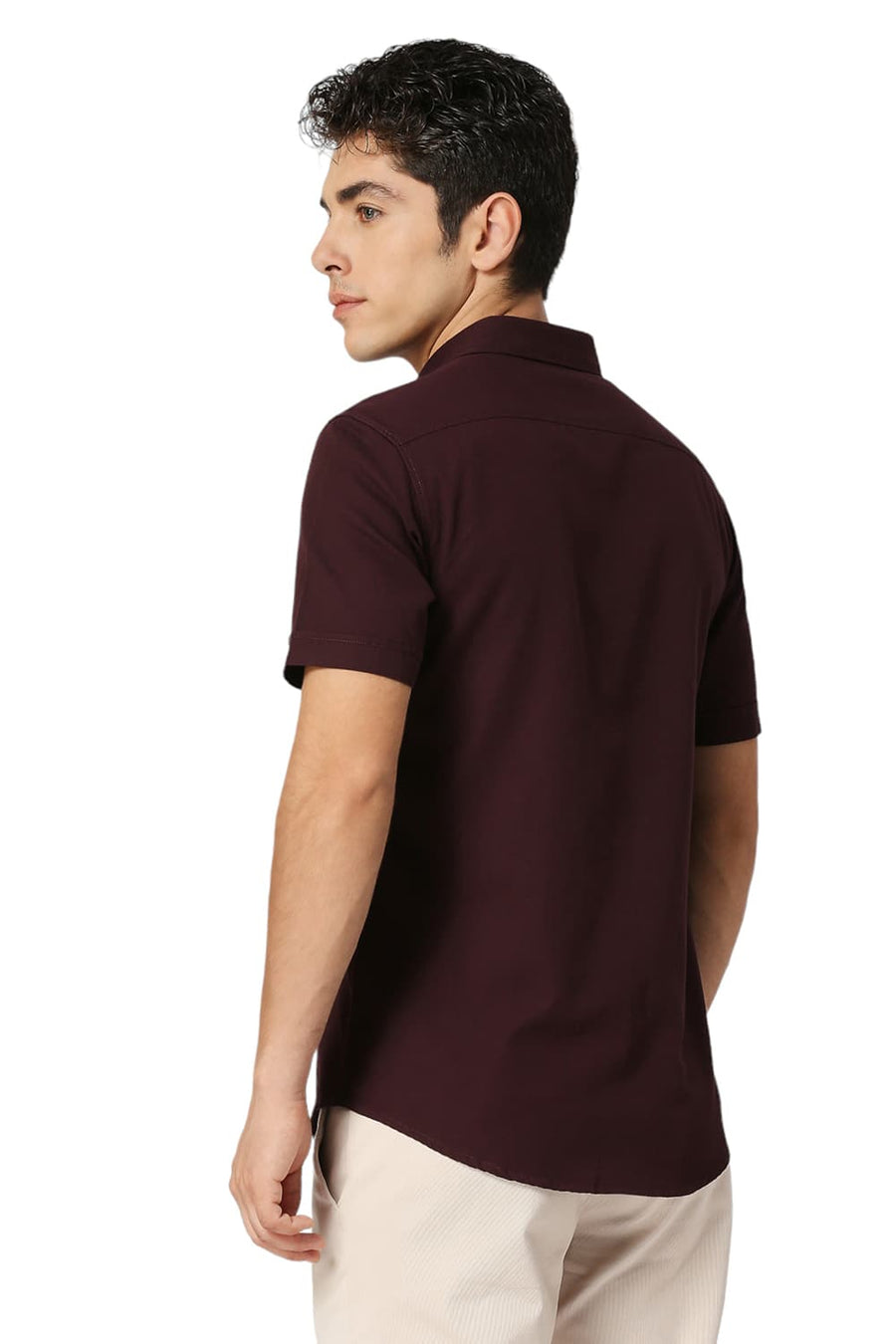 BASICS SLIM FIT FIG WINE COTTON BROKEN TWILL HALFSLEEVES SHIRT