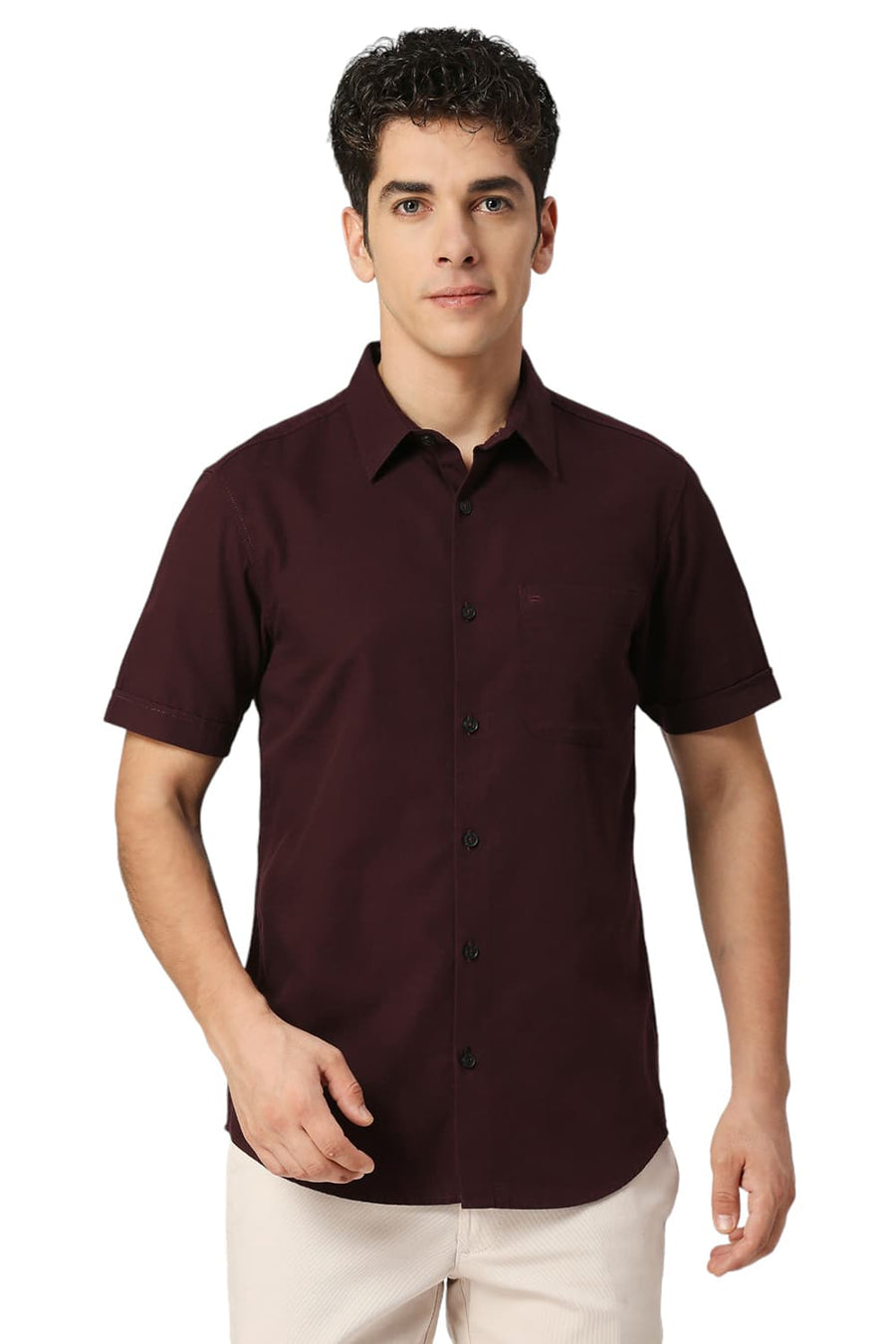 BASICS SLIM FIT FIG WINE COTTON BROKEN TWILL HALFSLEEVES SHIRT