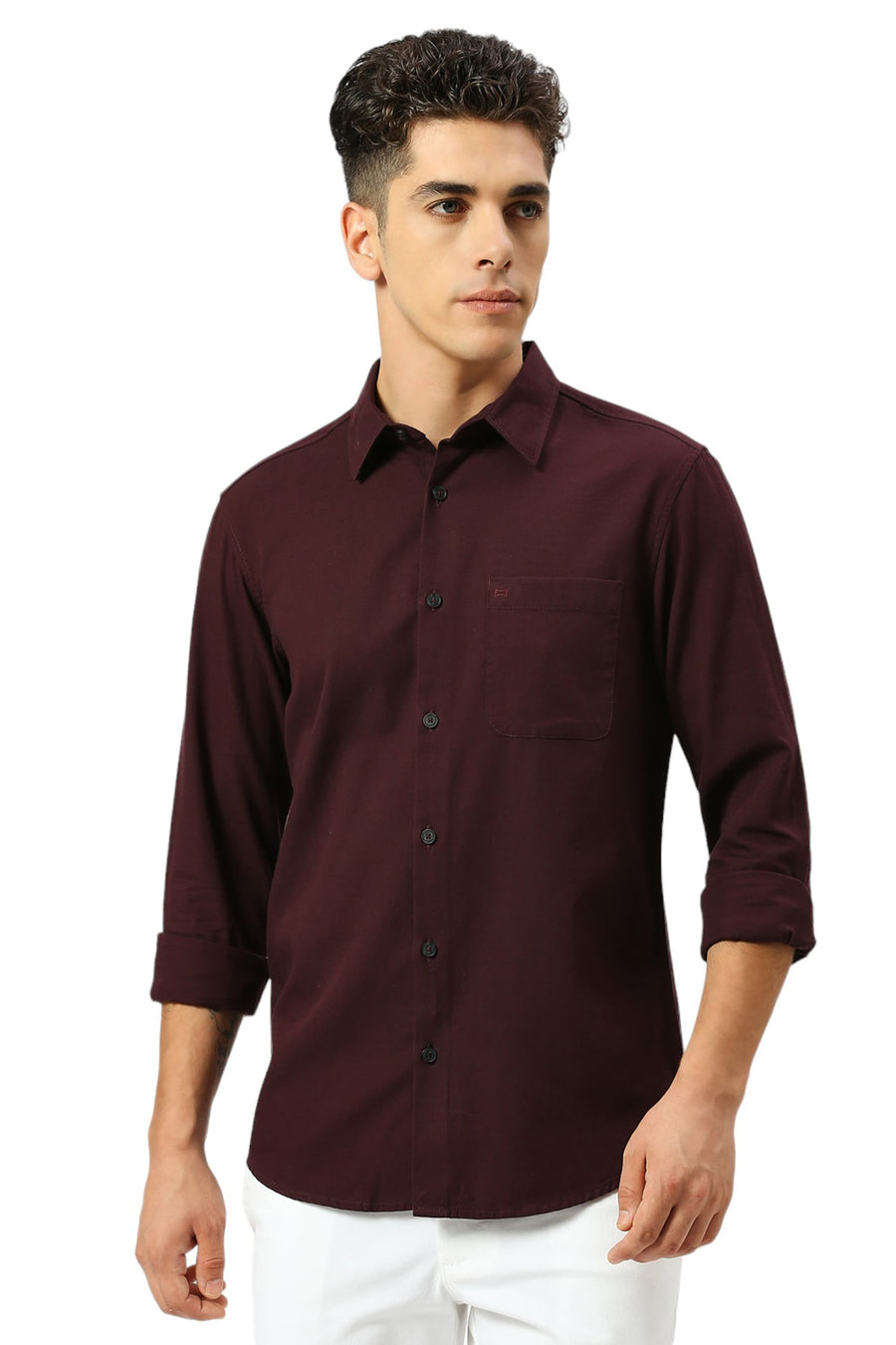 BASICS SLIM FIT FIG WINE COTTON BROKEN TWILL SHIRT