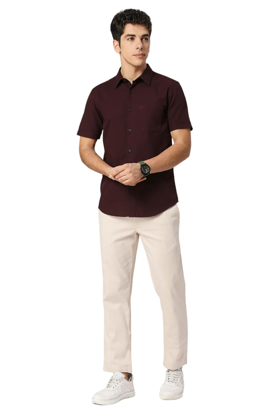 BASICS SLIM FIT FIG WINE COTTON BROKEN TWILL HALFSLEEVES SHIRT