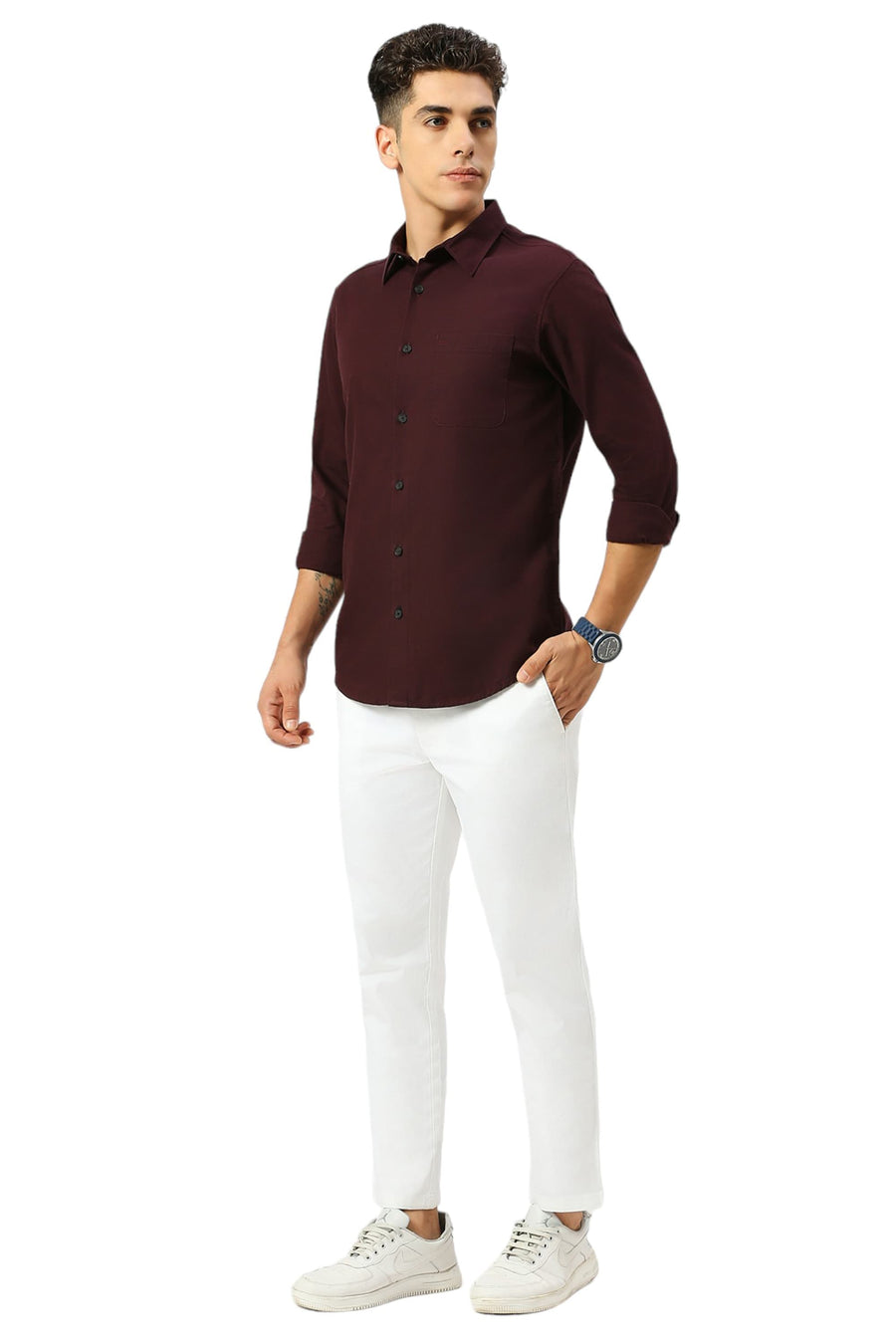 BASICS SLIM FIT FIG WINE COTTON BROKEN TWILL SHIRT