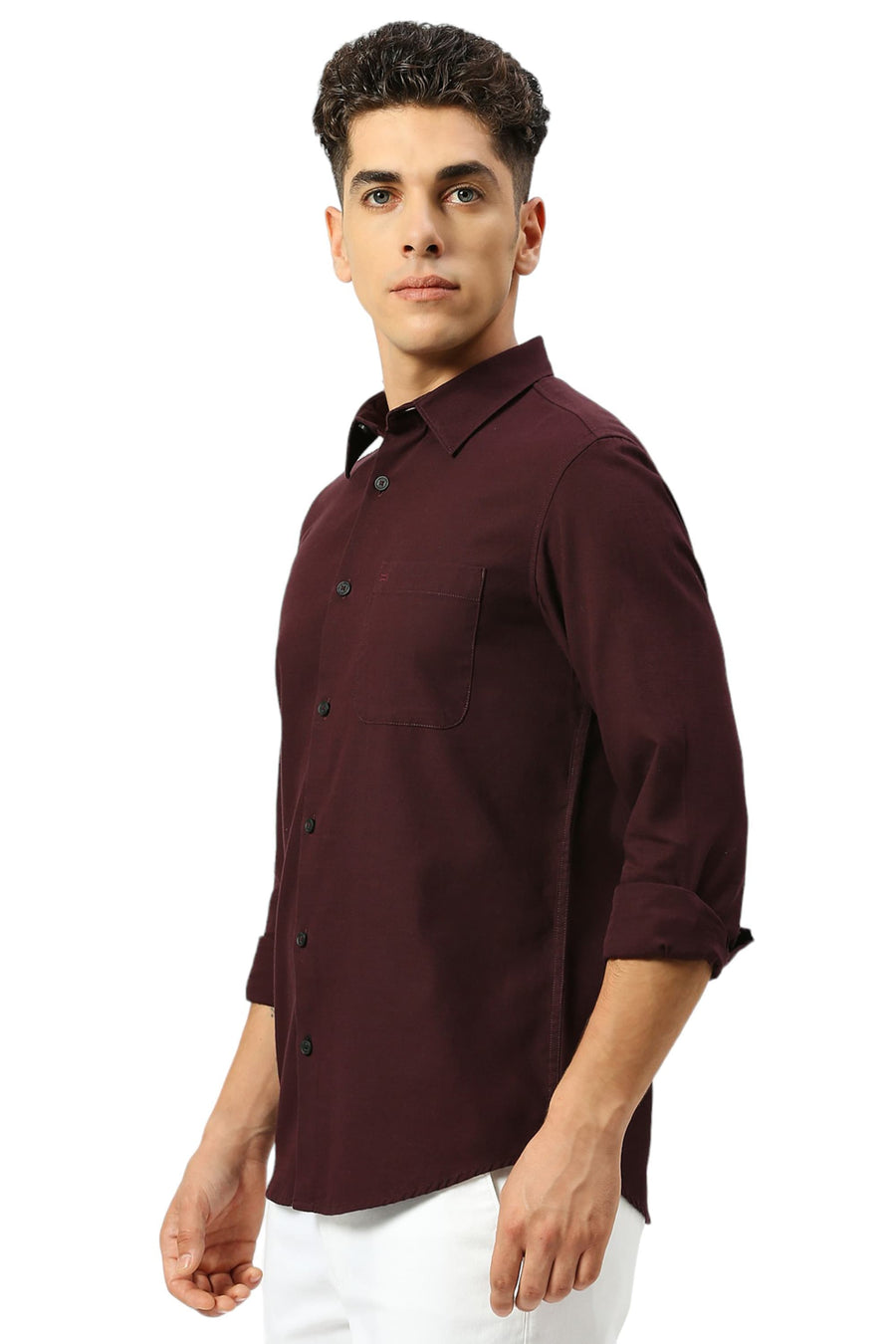 BASICS SLIM FIT FIG WINE COTTON BROKEN TWILL SHIRT