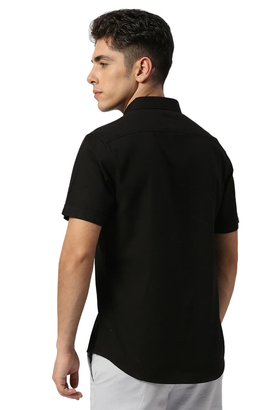 BASICS SLIM FIT ANTHRACITE BLACK COTTON BROKEN TWILL HALFSLEEVES SHIRT