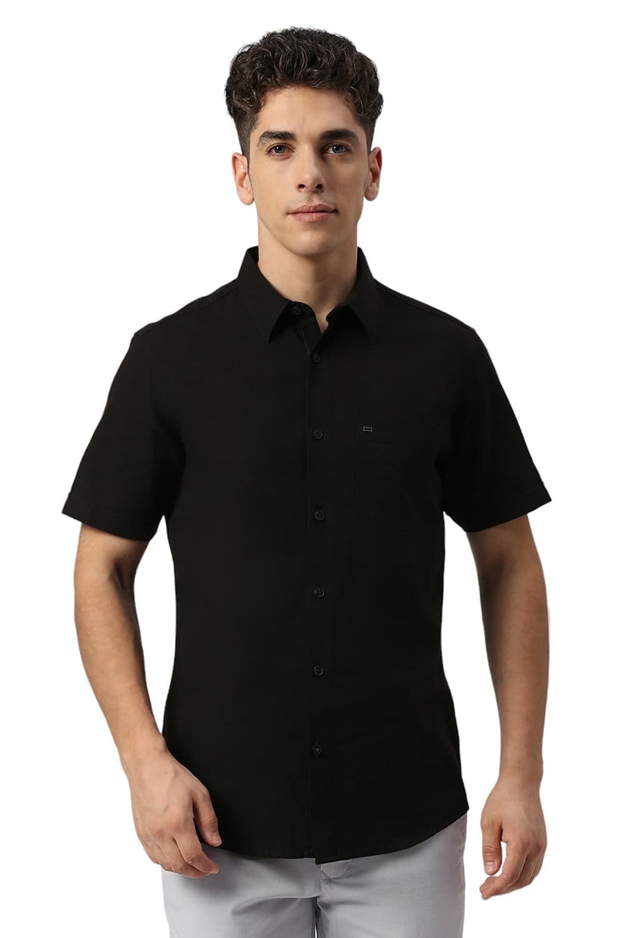 BASICS SLIM FIT ANTHRACITE BLACK COTTON BROKEN TWILL HALFSLEEVES SHIRT