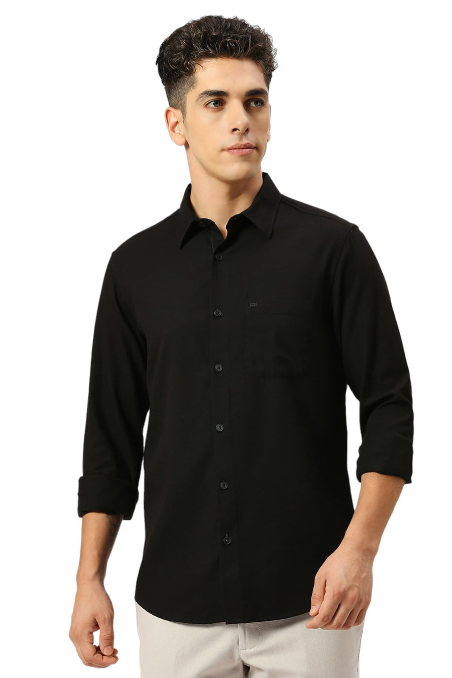 BASICS SLIM FIT ANTHRACITE BLACK COTTON BROKEN TWILL SHIRT