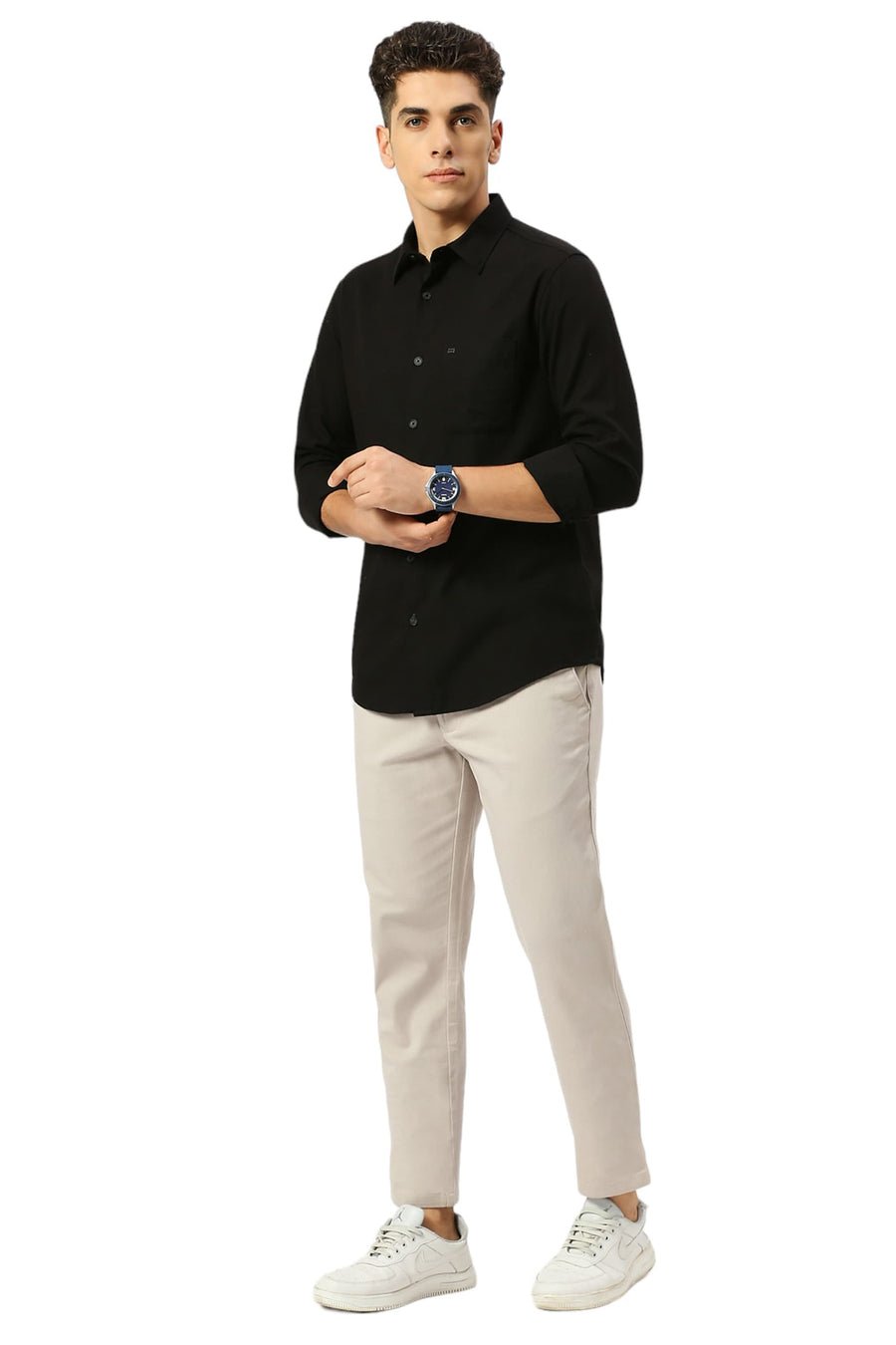 BASICS SLIM FIT ANTHRACITE BLACK COTTON BROKEN TWILL SHIRT