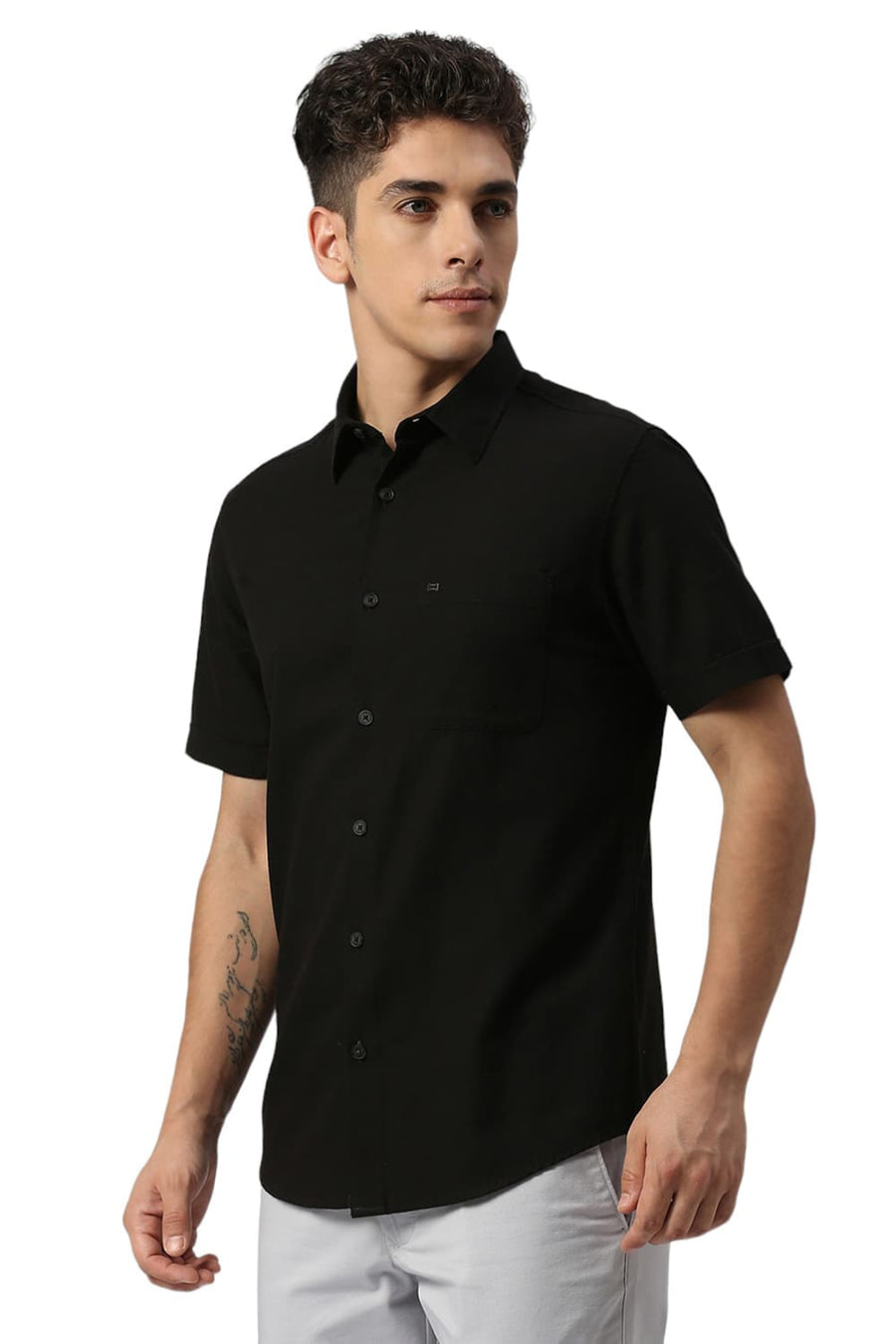 BASICS SLIM FIT ANTHRACITE BLACK COTTON BROKEN TWILL HALFSLEEVES SHIRT