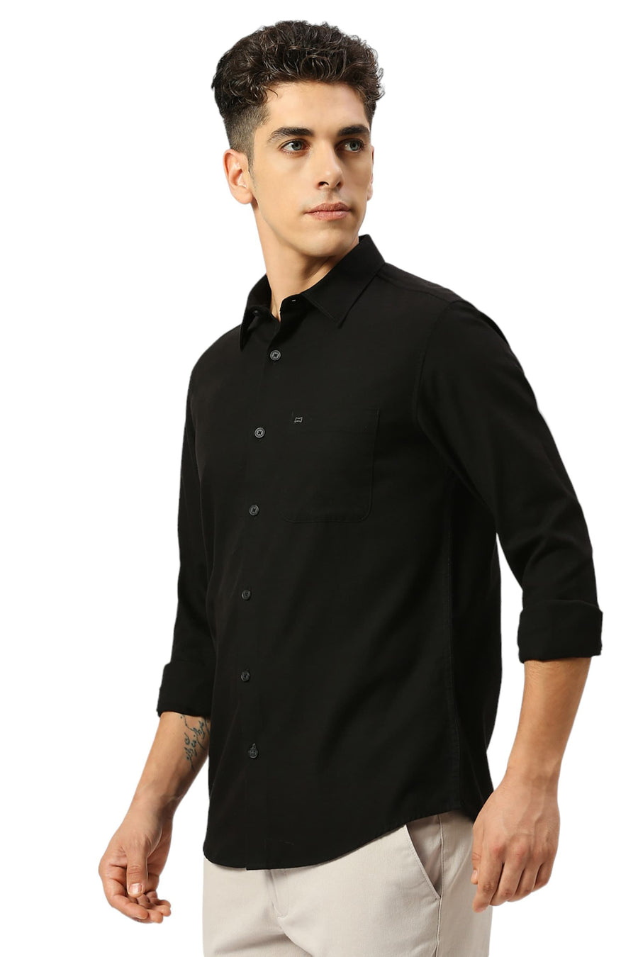 BASICS SLIM FIT ANTHRACITE BLACK COTTON BROKEN TWILL SHIRT