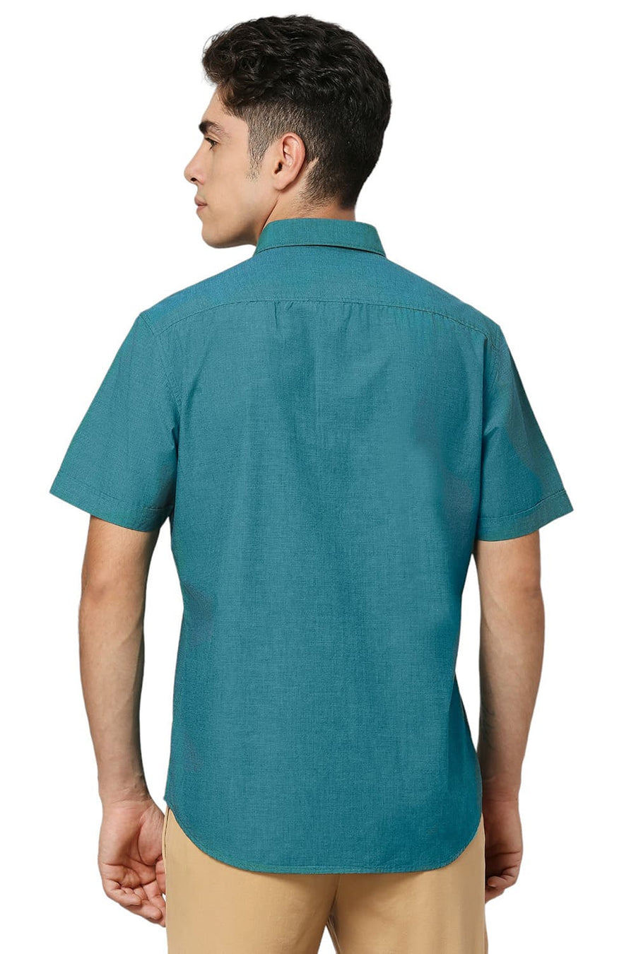 BASICS SLIM FIT EVERGLADE TEAL COTTON FIL-A-FIL HALFSLEEVES SHIRT