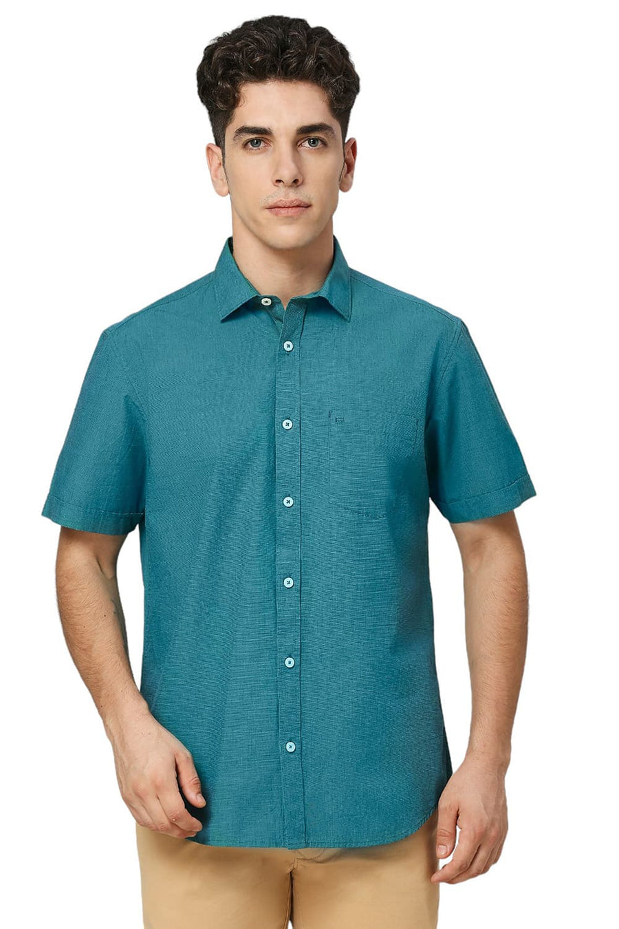 BASICS SLIM FIT EVERGLADE TEAL COTTON FIL-A-FIL HALFSLEEVES SHIRT