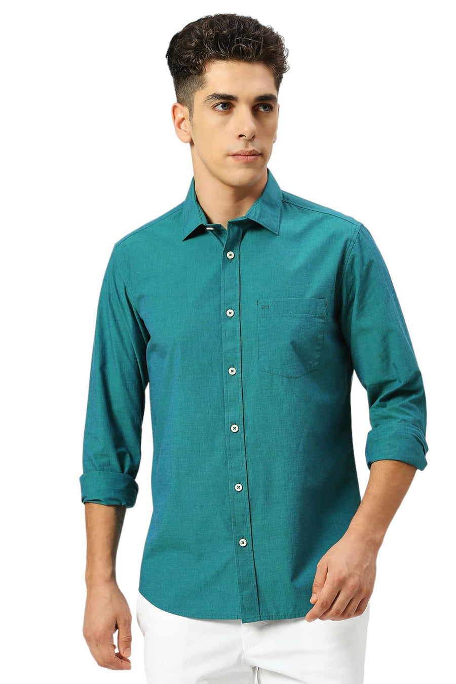 BASICS SLIM FIT EVERGLADE TEAL COTTON FIL-A-FIL SHIRT