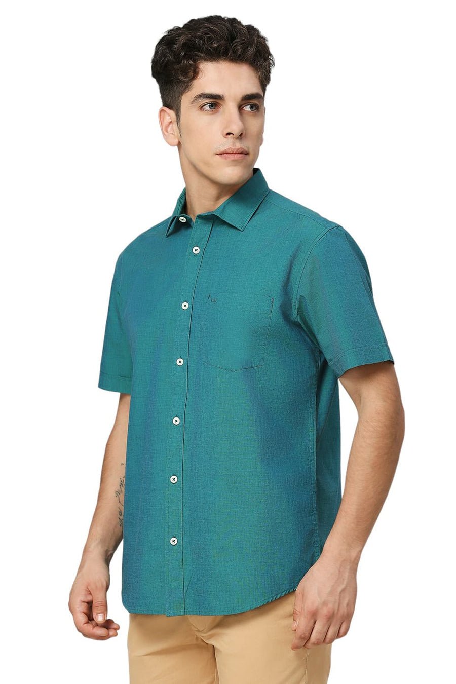 BASICS SLIM FIT EVERGLADE TEAL COTTON FIL-A-FIL HALFSLEEVES SHIRT