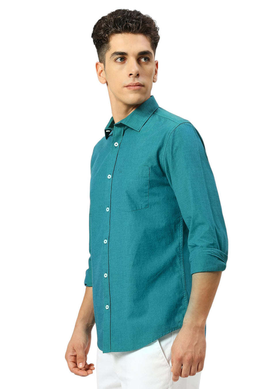 BASICS SLIM FIT EVERGLADE TEAL COTTON FIL-A-FIL SHIRT