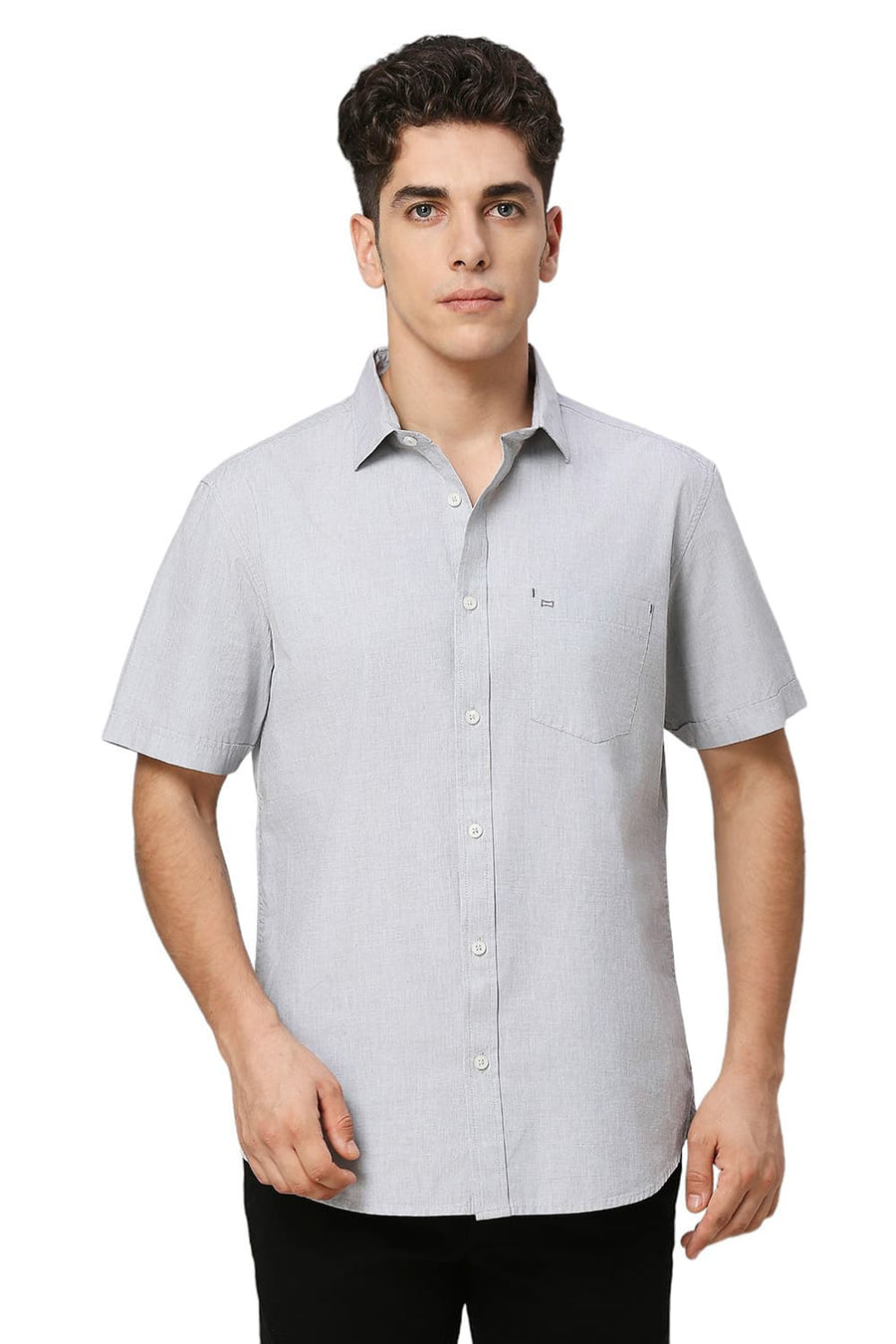 BASICS SLIM FIT MISTGREY COTTON FIL-A-FIL HALFSLEEVES SHIRT