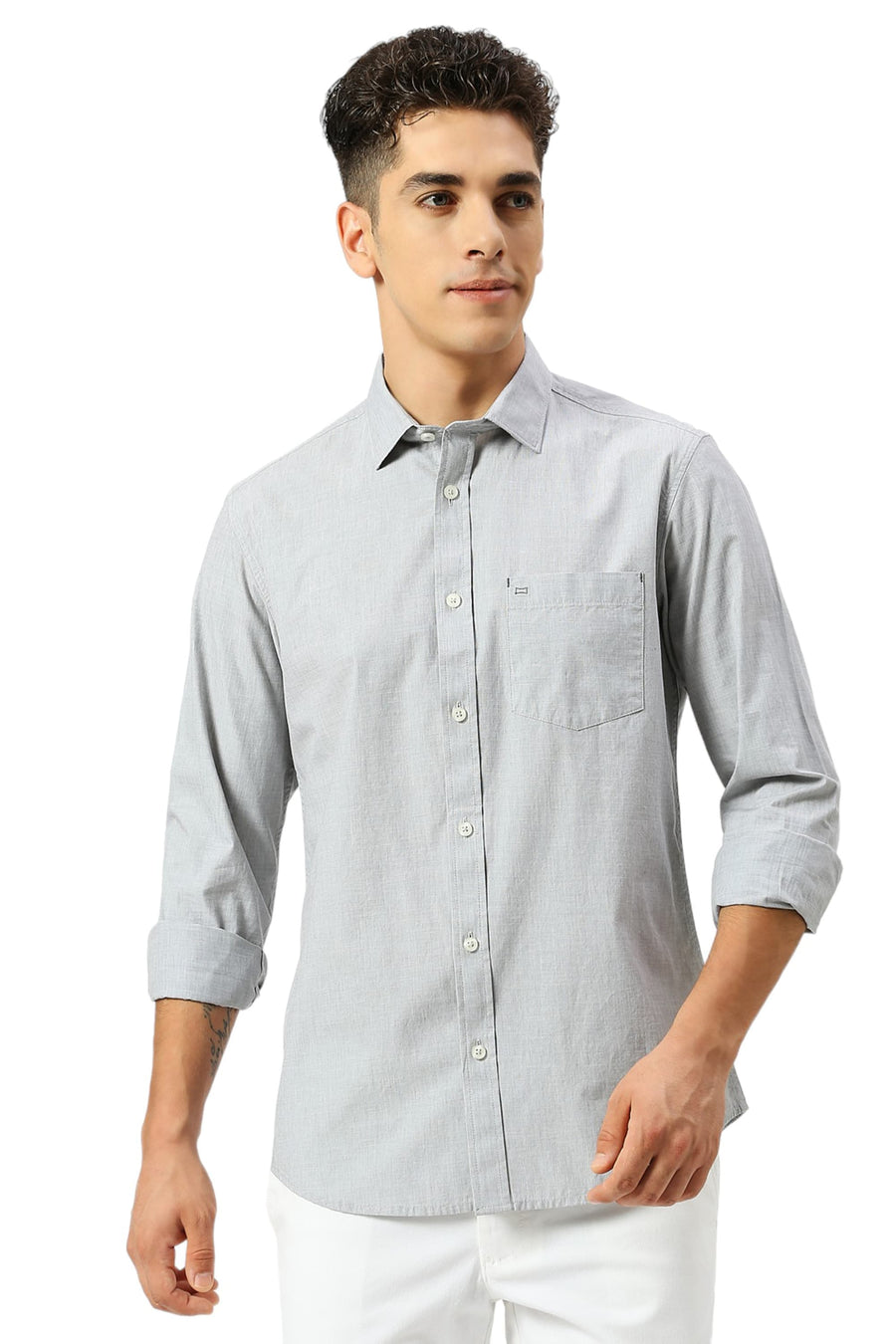 BASICS SLIM FIT MISTGREY COTTON FIL-A-FIL SHIRT