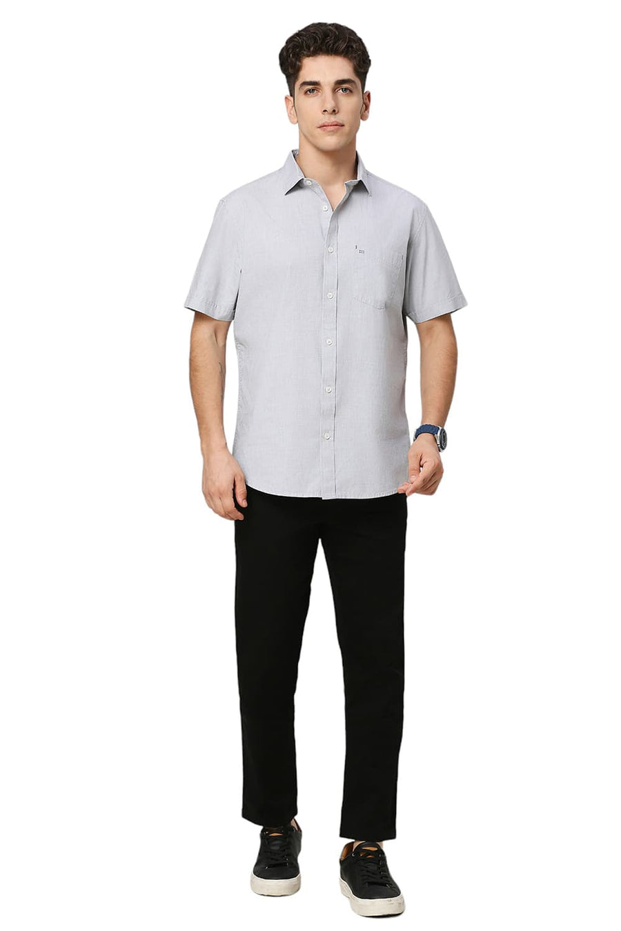 BASICS SLIM FIT MISTGREY COTTON FIL-A-FIL HALFSLEEVES SHIRT