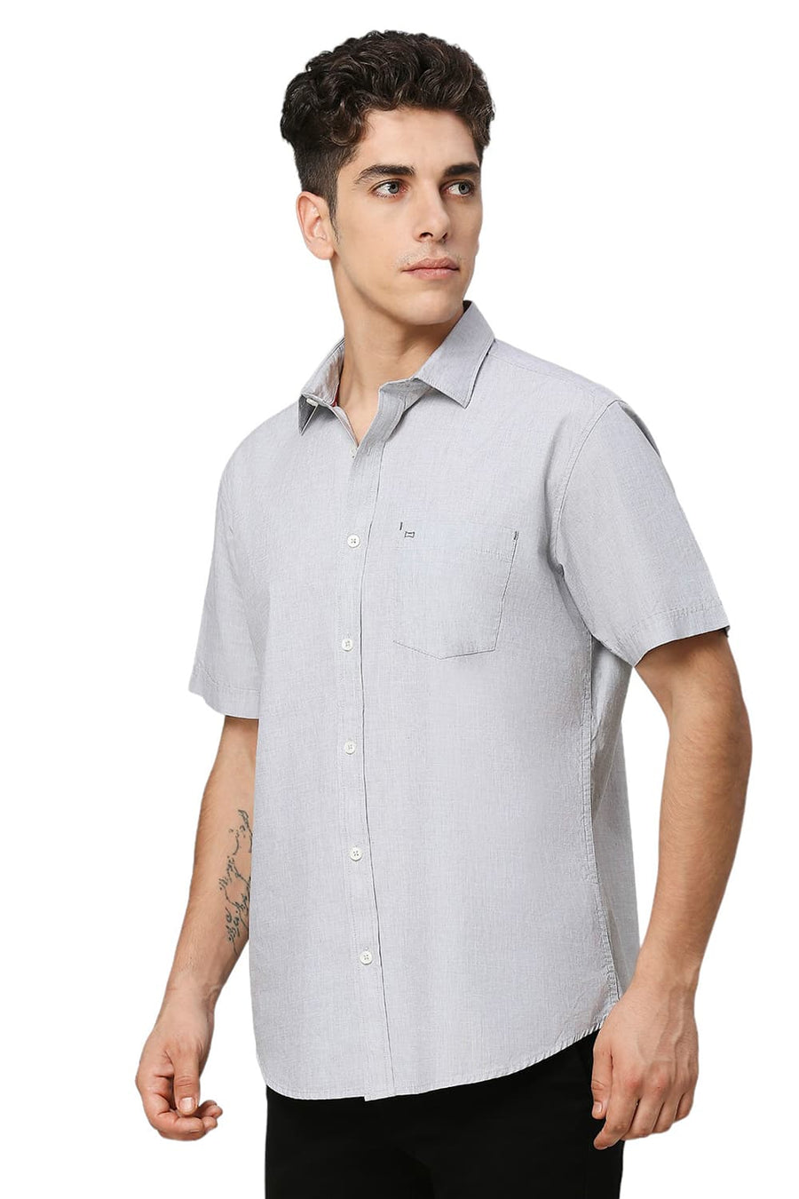 BASICS SLIM FIT MISTGREY COTTON FIL-A-FIL HALFSLEEVES SHIRT