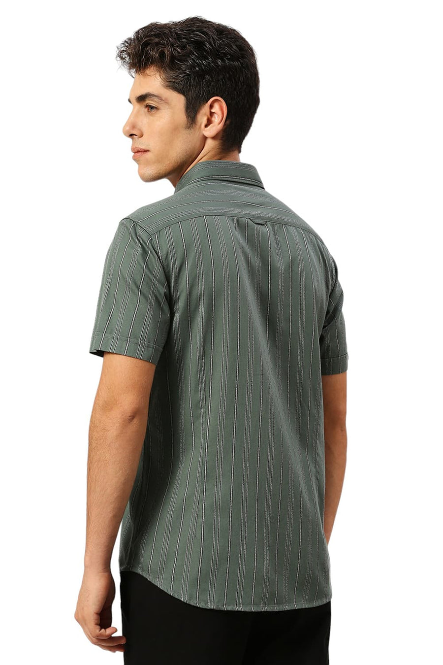 BASICS SLIM FIT SAGEBRUSH OLIVE COTTON GRINDLE STRIPE HALFSLEEVES SHIRT