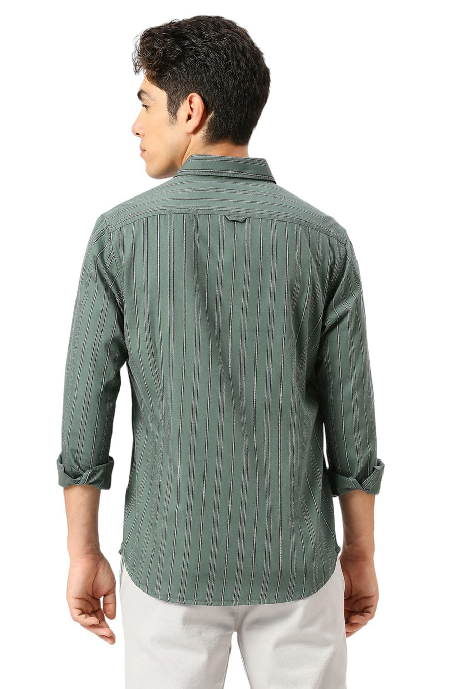 BASICS SLIM FIT SAGEBRUSH OLIVE COTTON GRINDLE STRIPE SHIRT