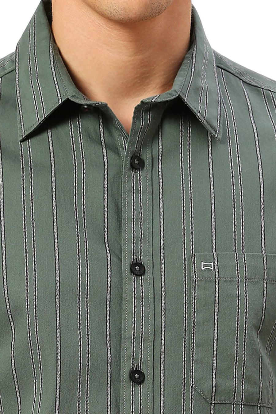 BASICS SLIM FIT SAGEBRUSH OLIVE COTTON GRINDLE STRIPE HALFSLEEVES SHIRT