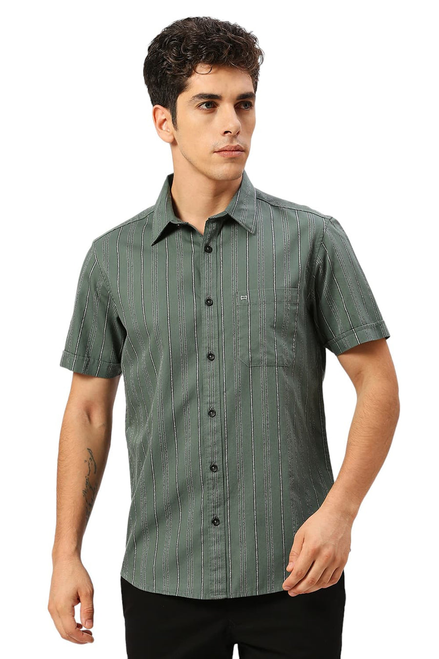 BASICS SLIM FIT SAGEBRUSH OLIVE COTTON GRINDLE STRIPE HALFSLEEVES SHIRT