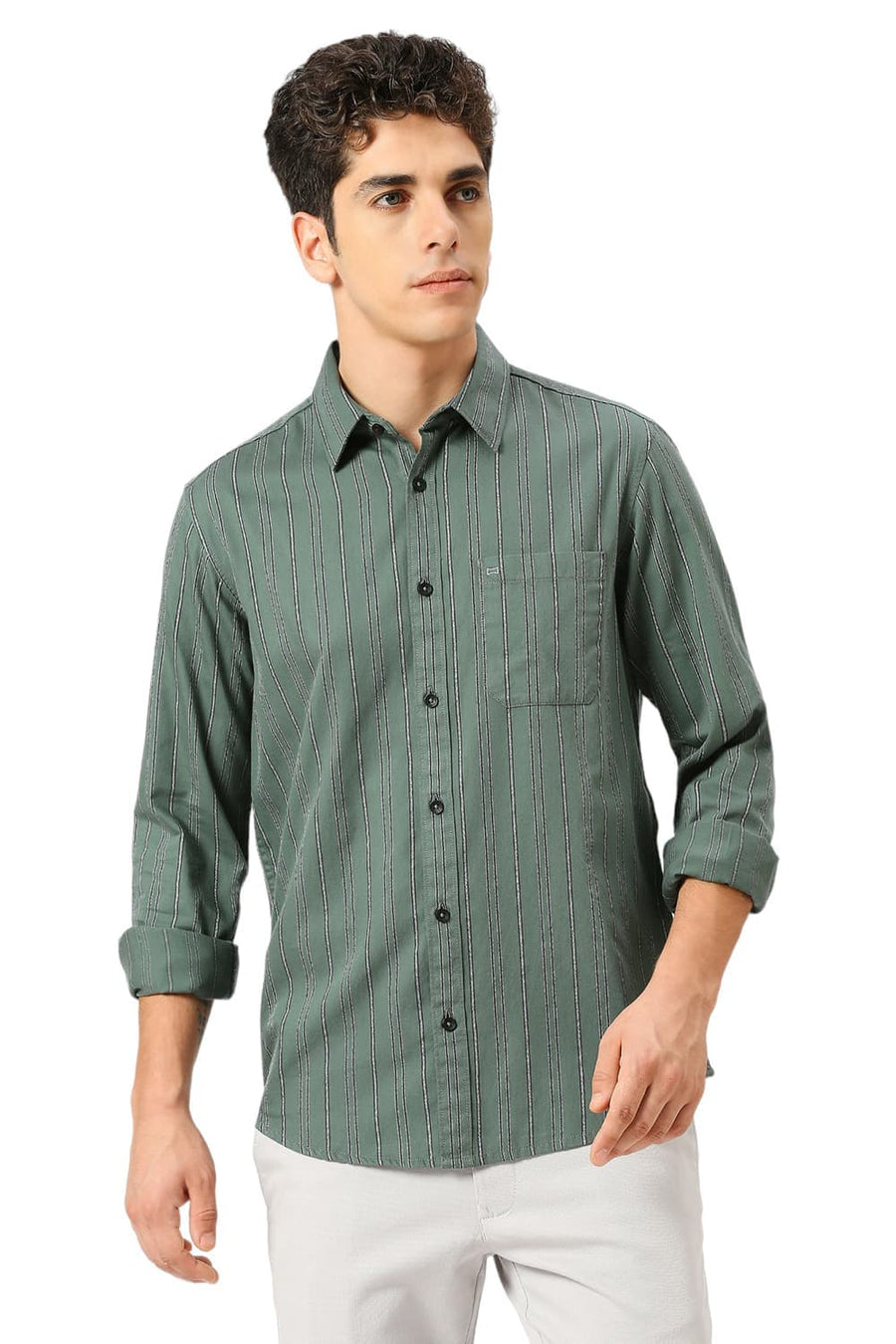 BASICS SLIM FIT SAGEBRUSH OLIVE COTTON GRINDLE STRIPE SHIRT