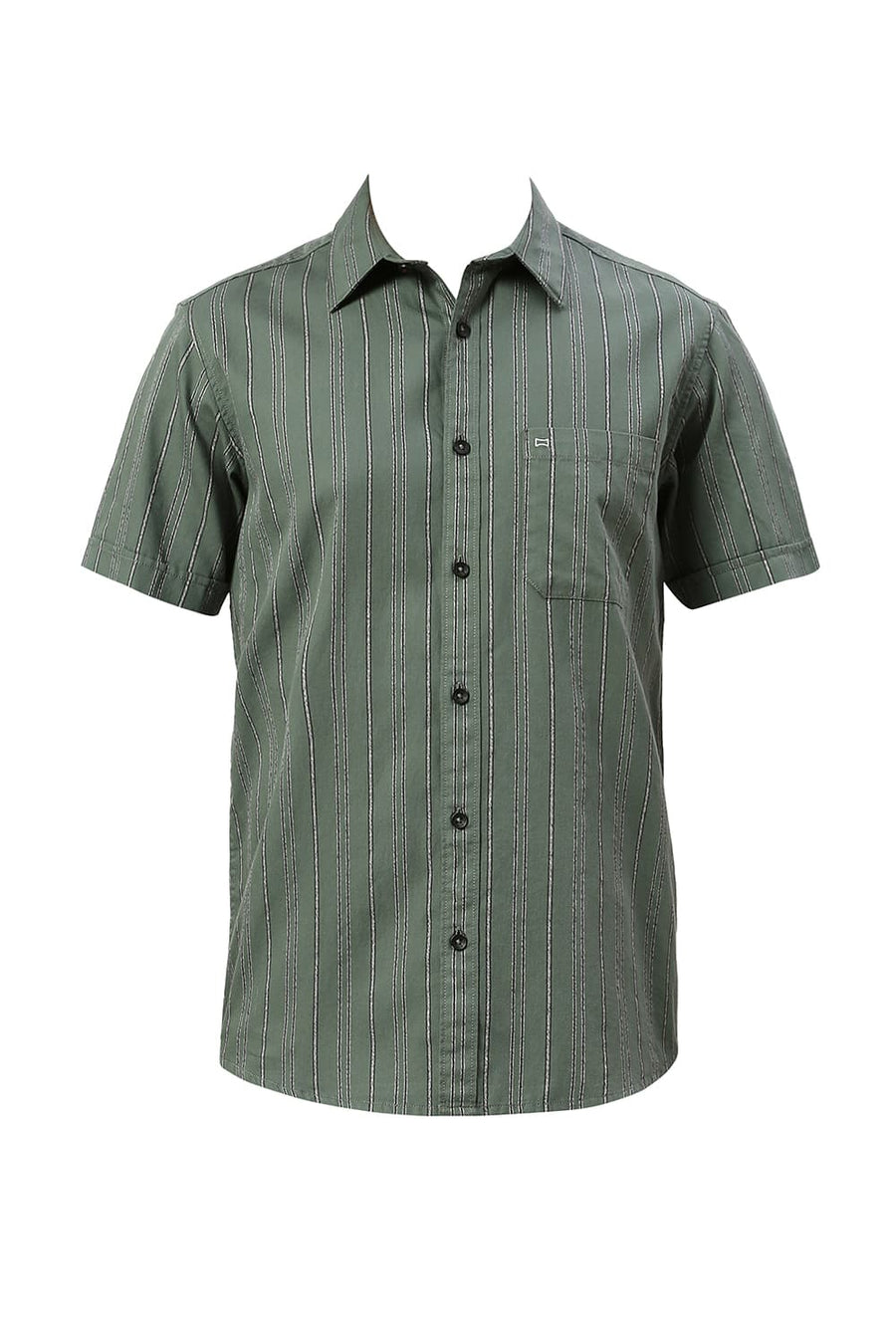 BASICS SLIM FIT SAGEBRUSH OLIVE COTTON GRINDLE STRIPE HALFSLEEVES SHIRT