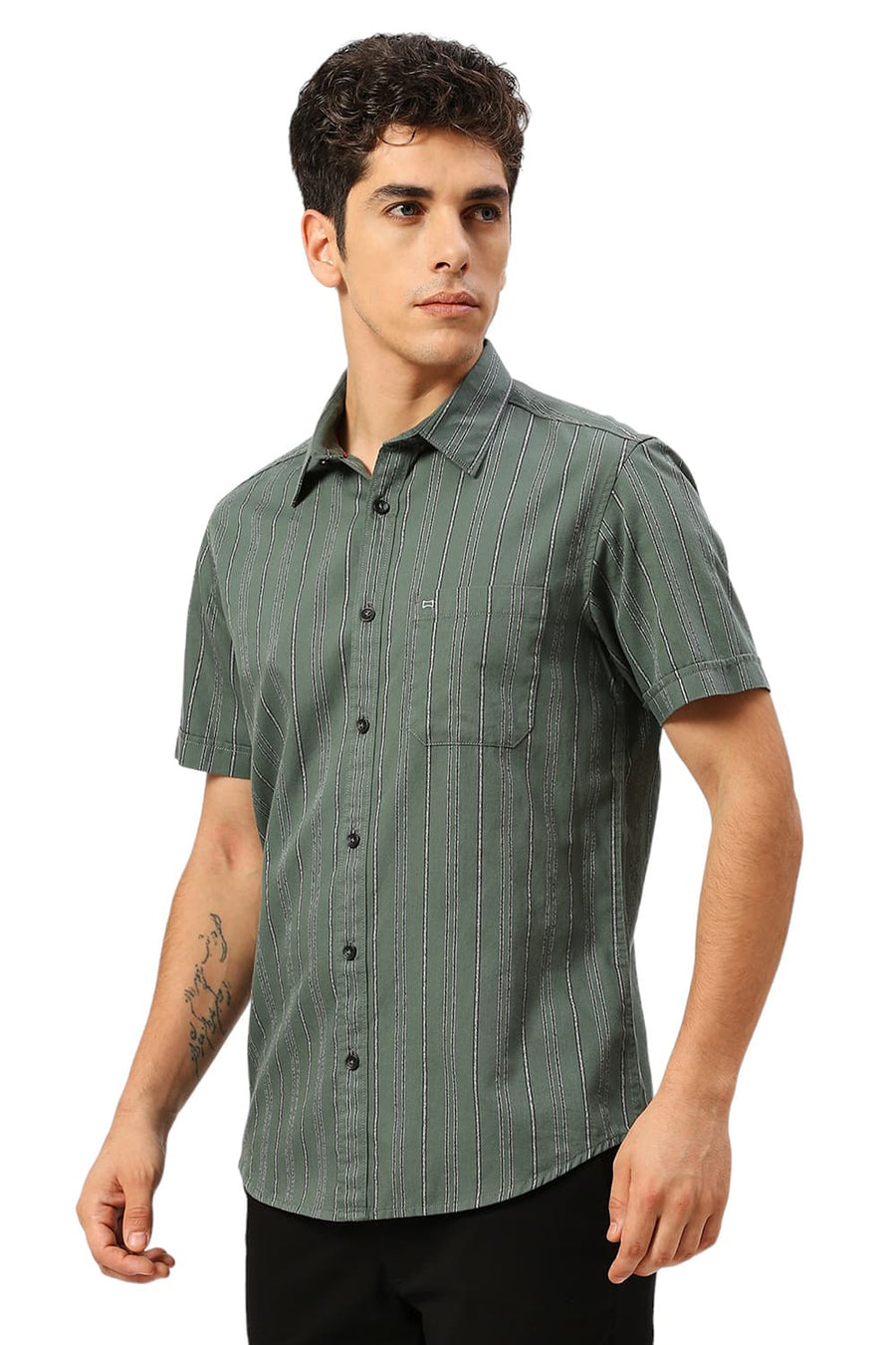 BASICS SLIM FIT SAGEBRUSH OLIVE COTTON GRINDLE STRIPE HALFSLEEVES SHIRT