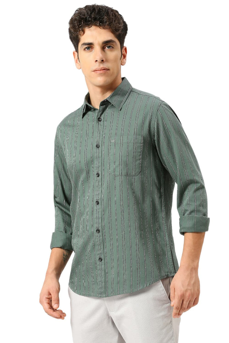 BASICS SLIM FIT SAGEBRUSH OLIVE COTTON GRINDLE STRIPE SHIRT
