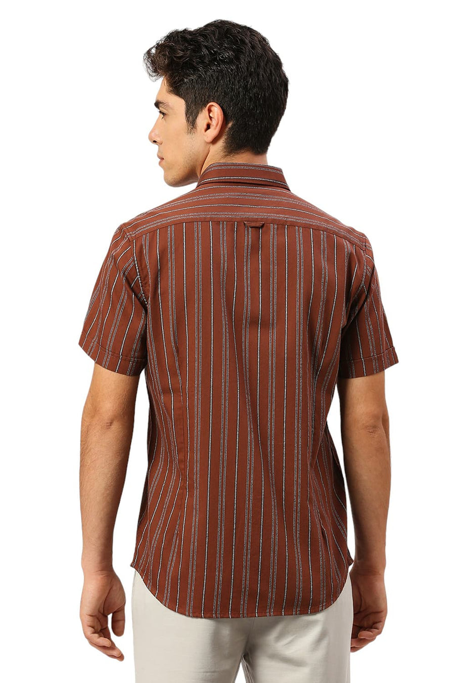 BASICS SLIM FIT BISON BROWN COTTON GRINDLE STRIPE HALFSLEEVES SHIRT