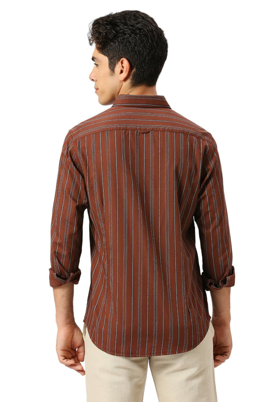 BASICS SLIM FIT BISON BROWN COTTON GRINDLE STRIPE SHIRT