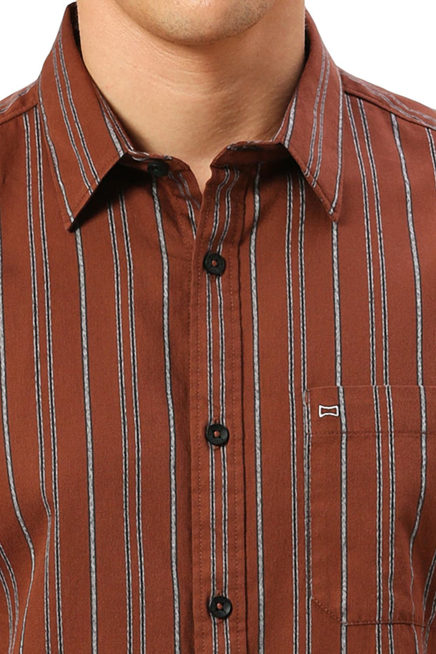 BASICS SLIM FIT BISON BROWN COTTON GRINDLE STRIPE HALFSLEEVES SHIRT