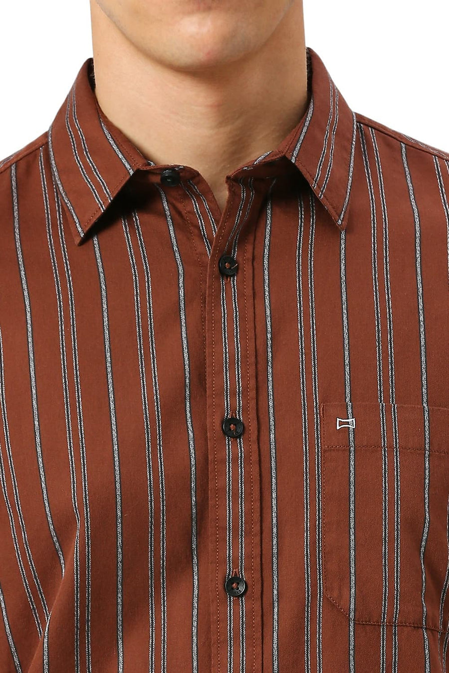 BASICS SLIM FIT BISON BROWN COTTON GRINDLE STRIPE SHIRT