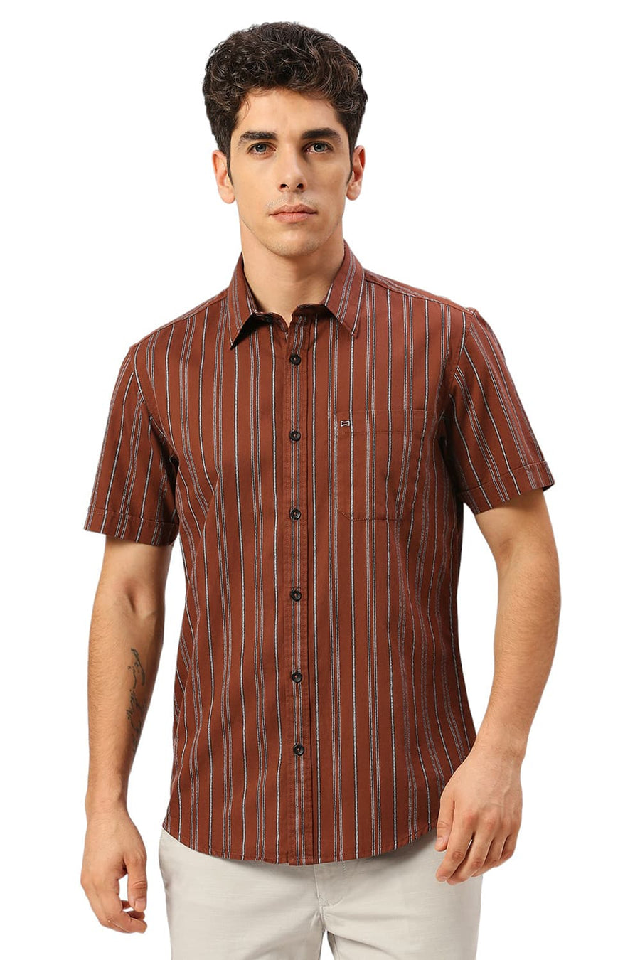 BASICS SLIM FIT BISON BROWN COTTON GRINDLE STRIPE HALFSLEEVES SHIRT