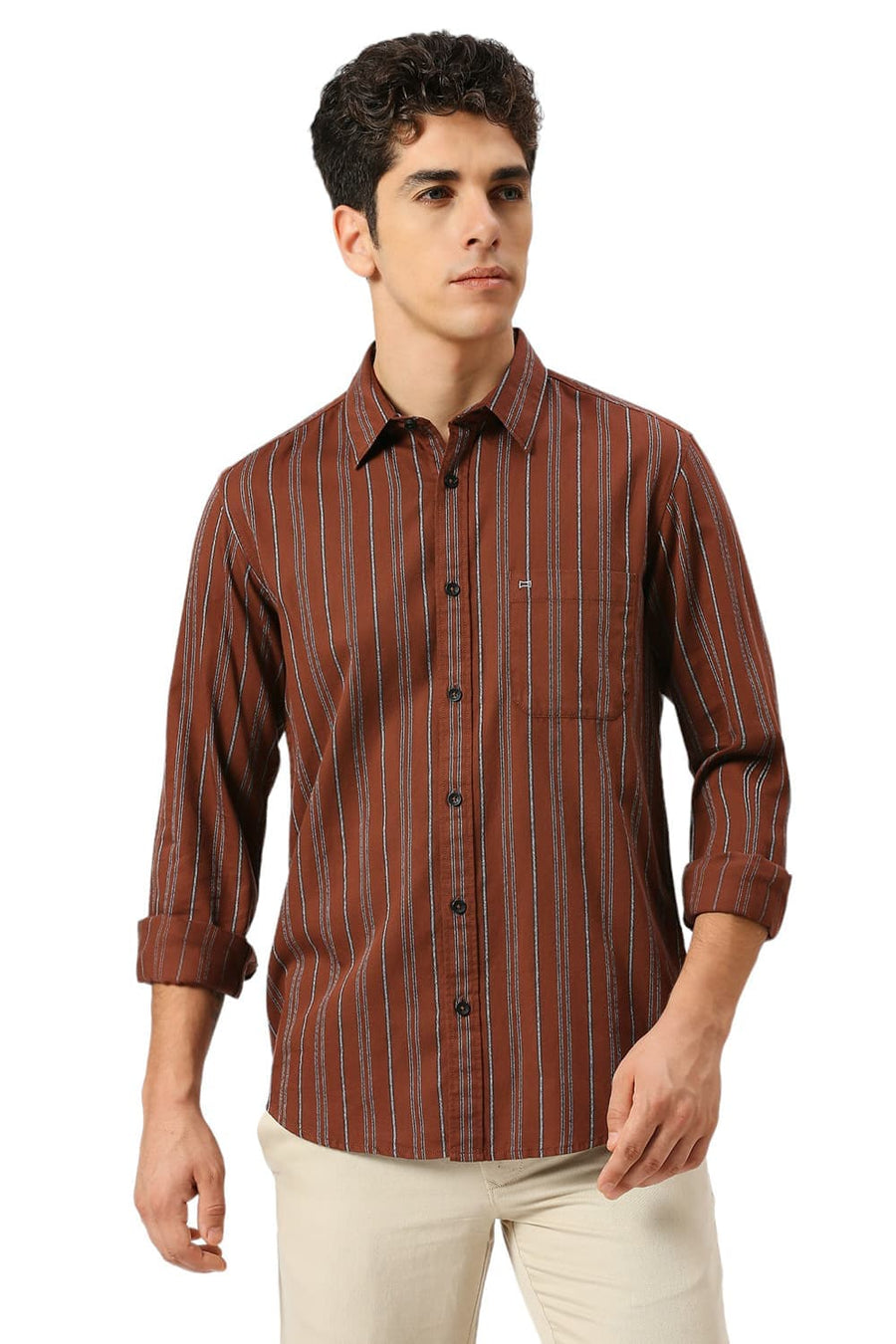 BASICS SLIM FIT BISON BROWN COTTON GRINDLE STRIPE SHIRT